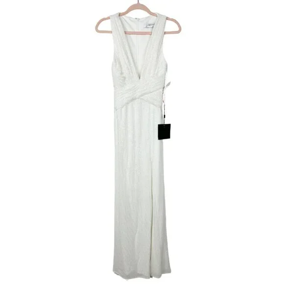 NWT Mac Duggal V-Neck Sequin Wrap Waist Gown White 8 #7667 - Picture 4 of 9